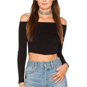 Revolve LNA Off the Shoulders Cropped Top Ribbed Knit Long Sleeve Black Small